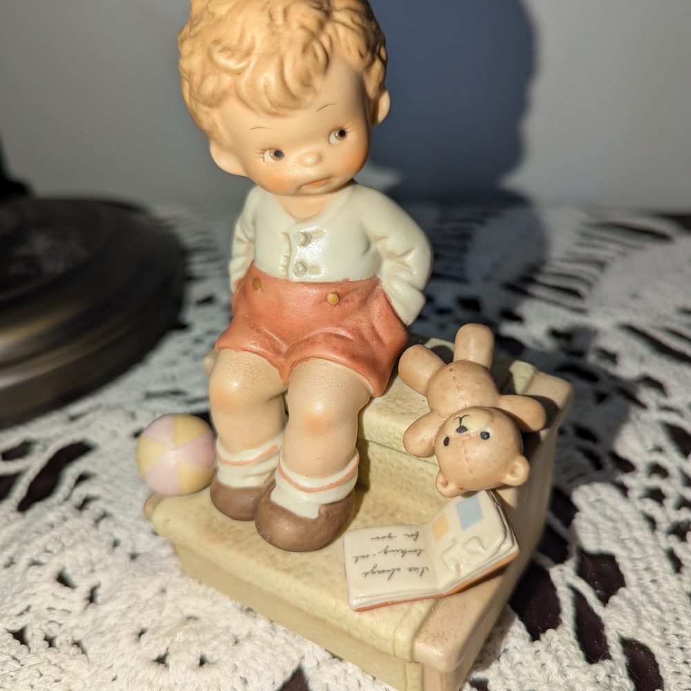 Charming Boy Figurine with Teddy Bear - Cream and Tan